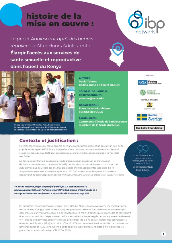 Le projet Adolescent après les heures régulières « After Hours Adolescent (AHAP) » : Élargir l’accès aux services de santé sexuelle et reproductive dans l’ouest du Kenya