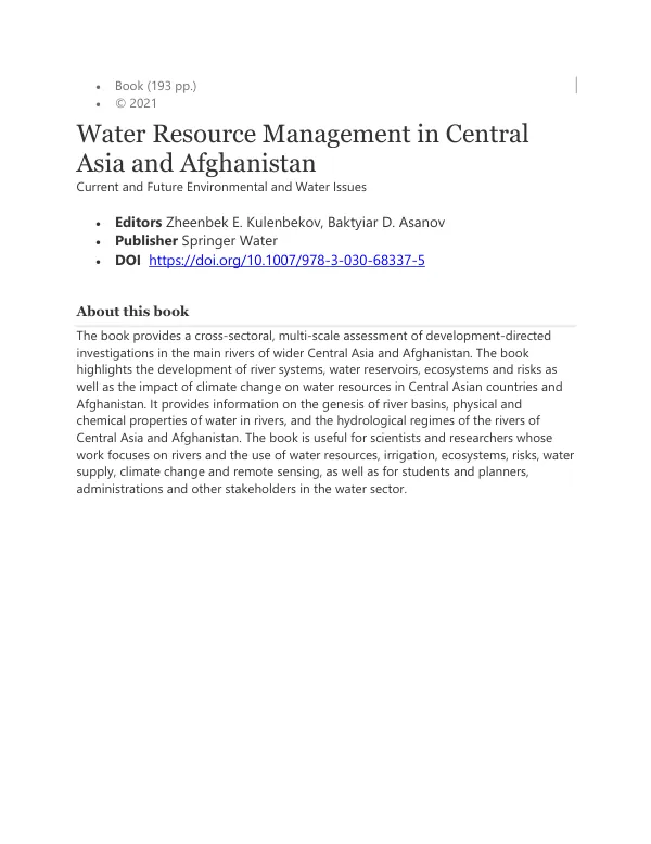 Water Resource Management in Central Asia and Afghanistan