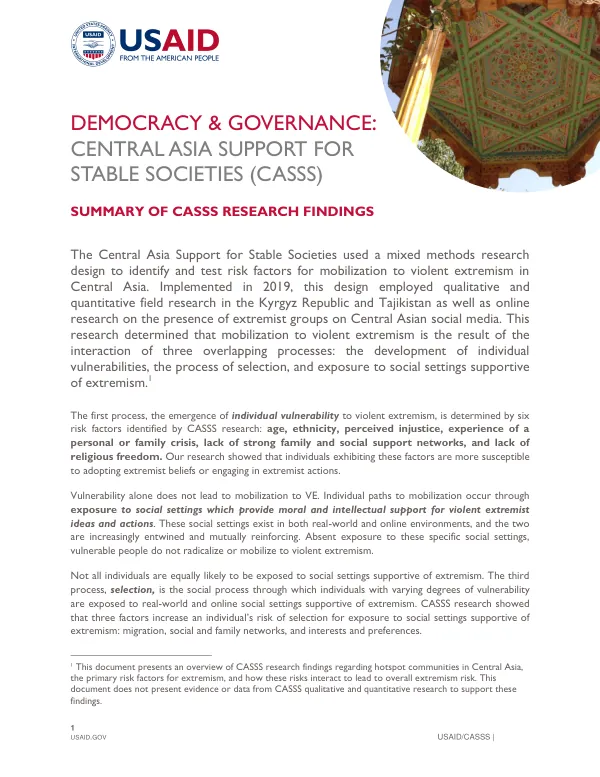 Central Asia Support for Stable Societies (CASSS) Research Findings: Identifying and Addressing Risk Factors for Violent Extremism