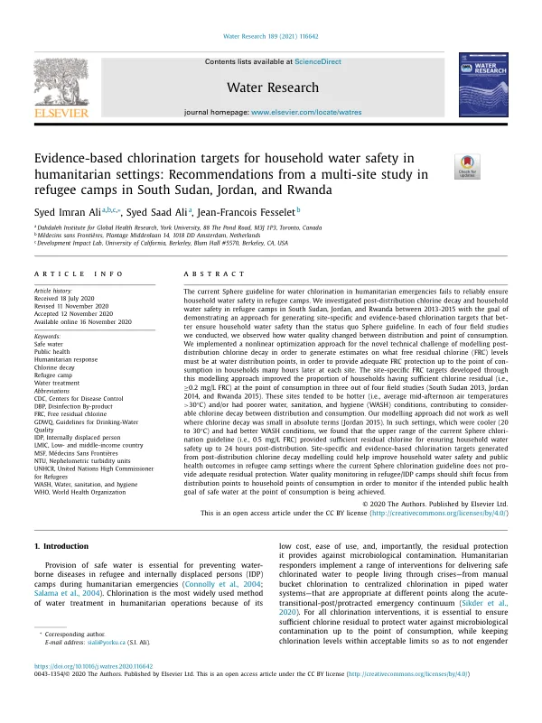 Evidence-based chlorination targets for household water safety in humanitarian settings: Recommendations from a multi-site study in refugee camps in South Sudan, Jordan, and Rwanda