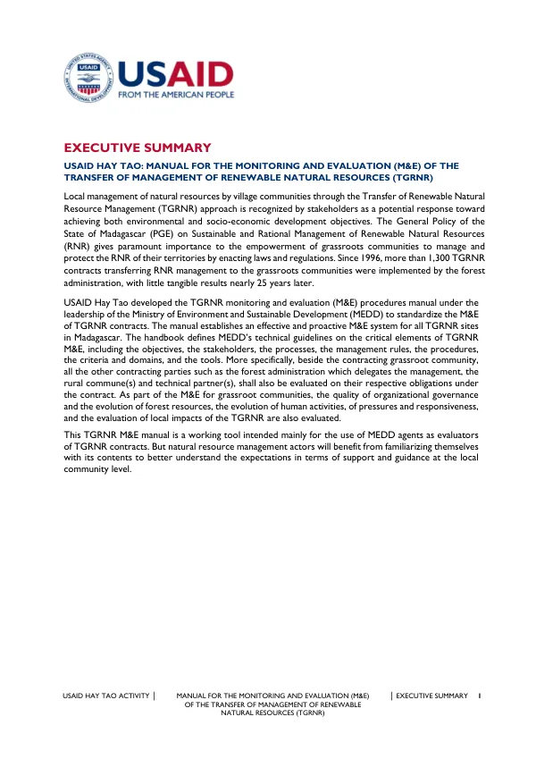 USAID Hay Tao: Manual for the Monitoring and Evaluation (M&E) of the Transfer of Management of Renewable Natural Resources (TGRNR)