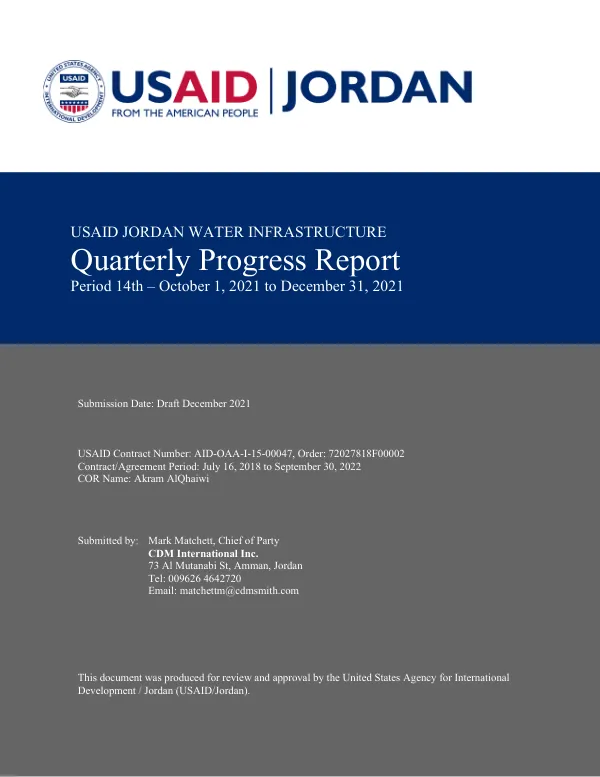 14th Quarterly Progress Report: USAID Jordan Water Infrastructure