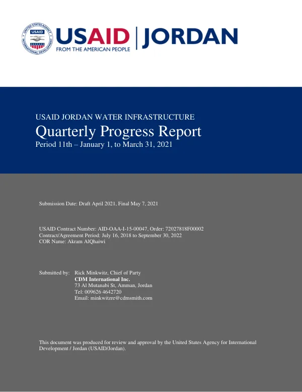 11th Quarterly Progress Report: USAID Jordan Water Infrastructure