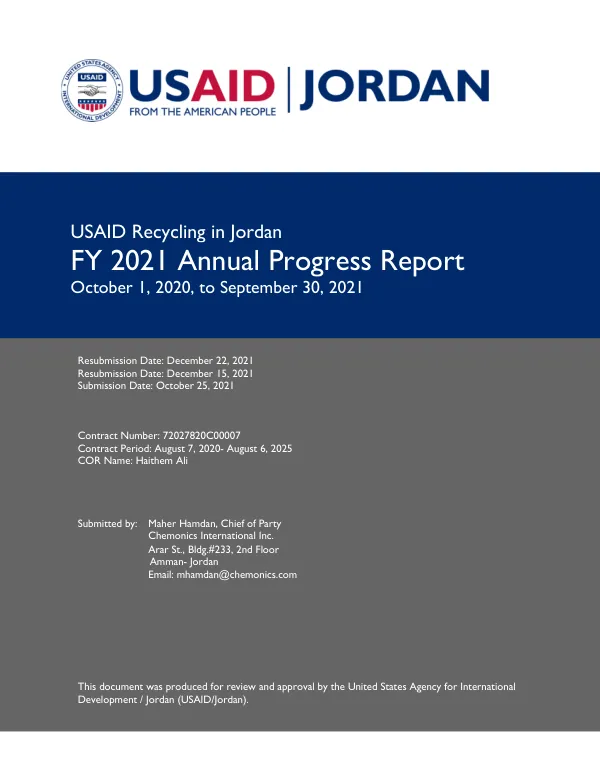 USAID Recycling in Jordan FY2021 Annual Performance Report