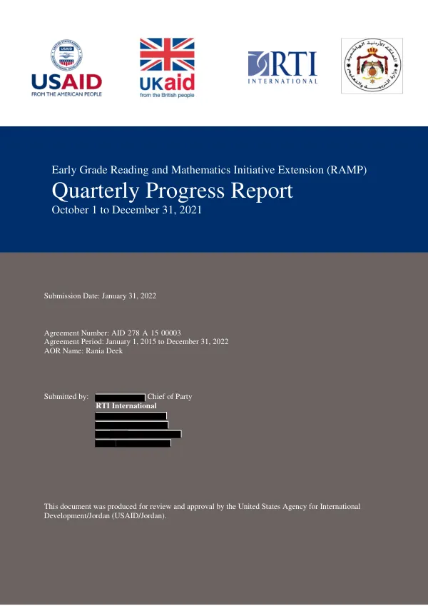 Early Grade Reading and Mathematics Initiative Extension (RAMP) Quarterly Progress Report October 1 to December 31, 2021