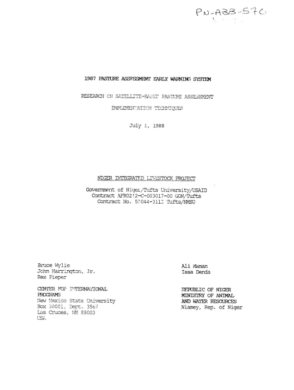 1987 pasture assessment early warning system : research on satellite-based pasture assessment implementation techniques