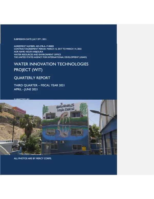 Water Innovation Technologies Project (WIT) Quarterly Report: Third Quarter– Fiscal Year 2021