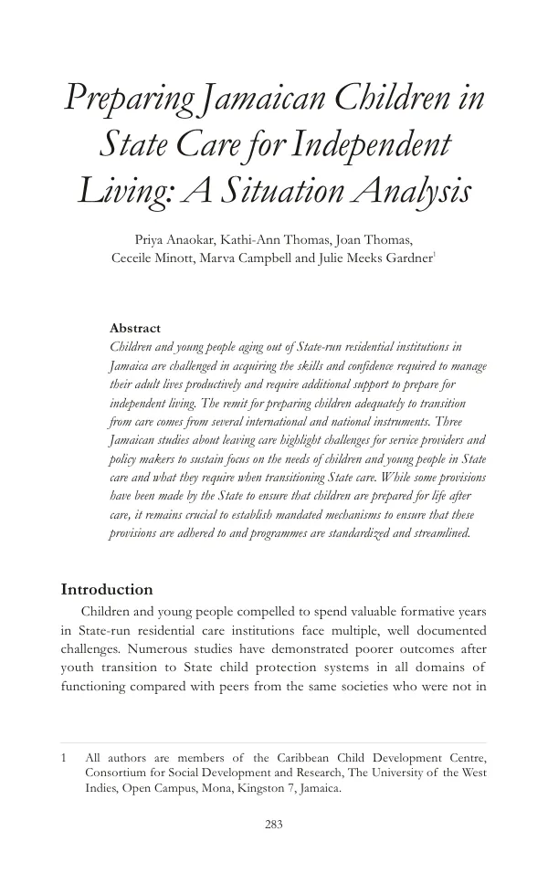 Preparing Jamaican Children in State Care for Independent Living: A Situation Analysis