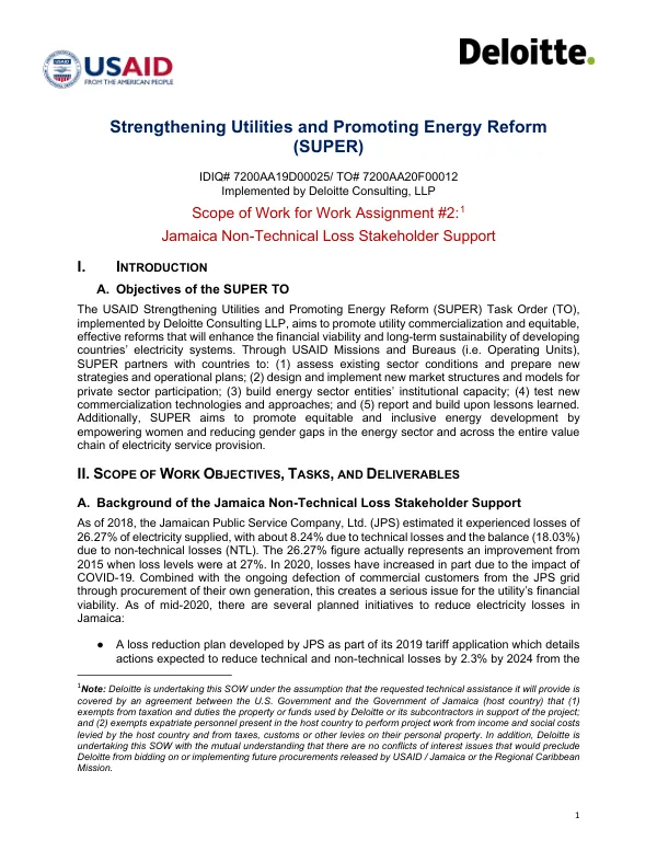 Strengthening Utilities and Promoting Energy Reform (SUPER) Task Order for Jamaica Non-Technical Loss Stakeholder Support