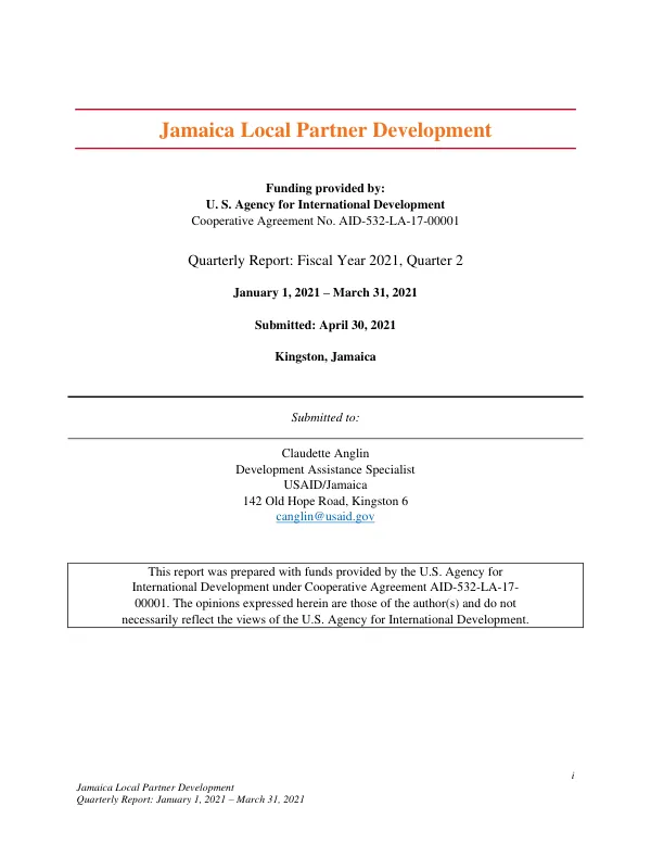 Jamaica Local Partner Development Quarterly Report: January 1, 2021 – March 31, 2021