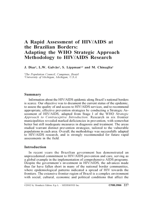 A rapid assessment of HIV/AIDS at the Brazilian borders : adapting the WHO strategic approach methodology to HIV/AIDS research development