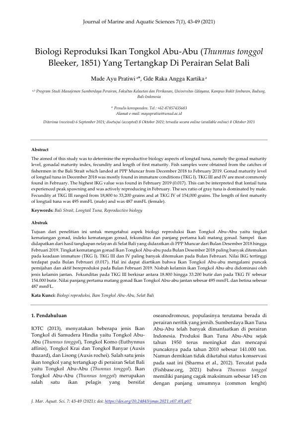 Reproductive Biology of Longtail Tuna (Thunnus tonggol) in the Bali Strait