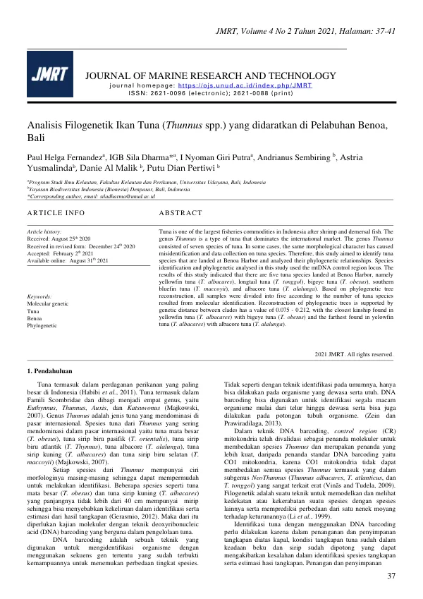 Analisis Filogenetik Ikan Tuna (Thunnus spp.) yang didaratkan di Pelabuhan Benoa, Bali