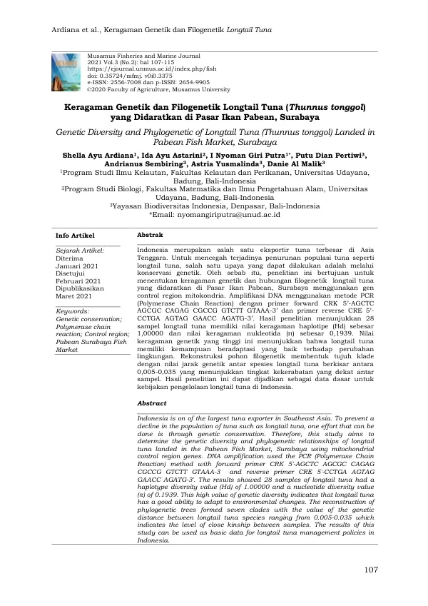 Genetic Diversity and Phylogenetic of Longtail Tuna (Thunnus tonggol) Landed in Pabean Fish Market, Surabaya