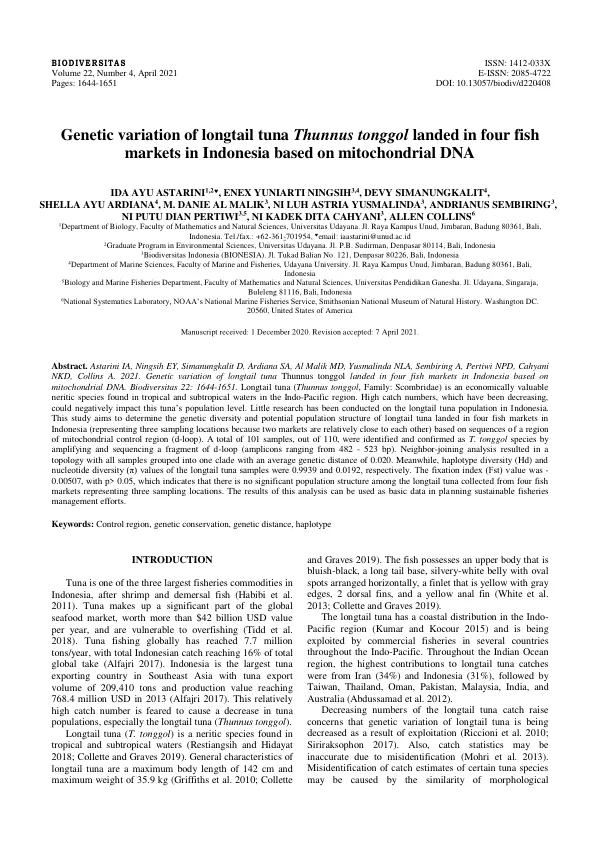 Genetic variation of longtail tuna Thunnus tonggol landed in four fish markets in Indonesia based on mitochondrial DNA