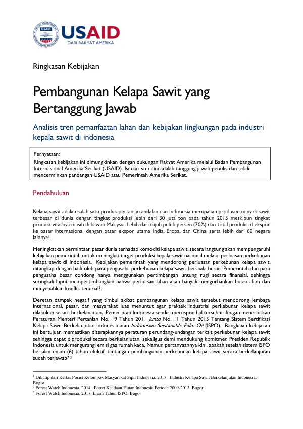 Pembangunan Kelapa Sawit yang Bertanggung Jawab: Analisis Tren Pemanfaatan Lahan dan Kebijakan Lingkungan pada Industri Kepala Sawit di Indonesia