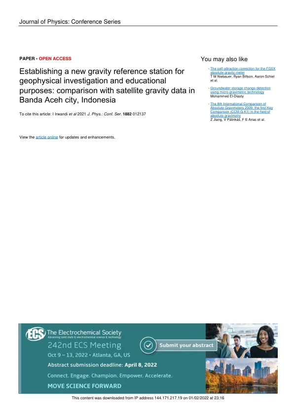 Establishing a new gravity reference station for geophysical investigation and educational purposes: comparison with satellite gravity data in Banda Aceh city, Indonesia