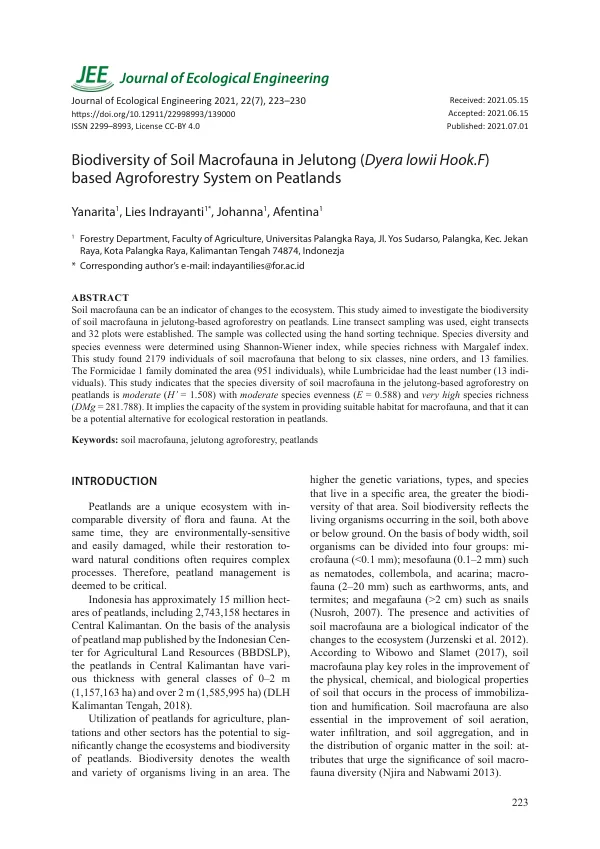 Biodiversity of Soil Macrofauna in Jelutong (Dyera lowii Hook.F) based Agroforestry System on Peatlands