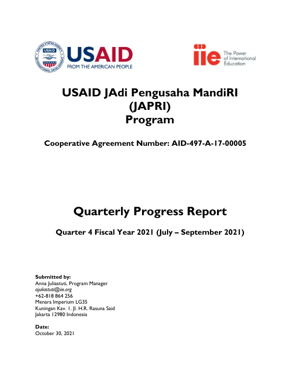 Quarterly Progress Report: JAPRI Program FY 2021