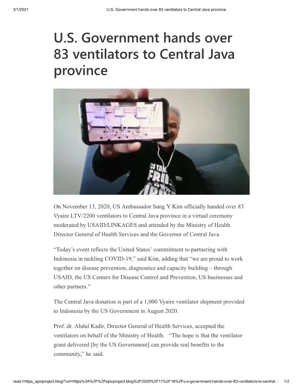 U.S. Government hands over 83 ventilators to Central Java province