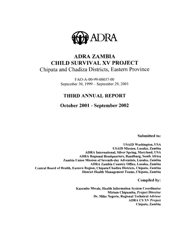 ADRA Zambia child survival XV project : Chipata and Chadiza Districts, Eastern Province -- third annual report, October 2001-September 2002