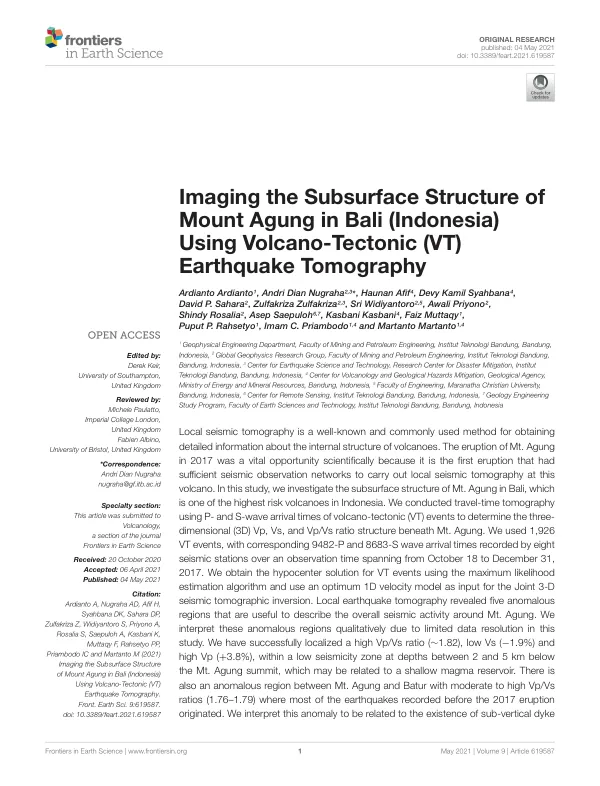 Imaging the Subsurface Structure of Mount Agung in Bali (Indonesia) Using Volcano-Tectonic (VT) Earthquake Tomography