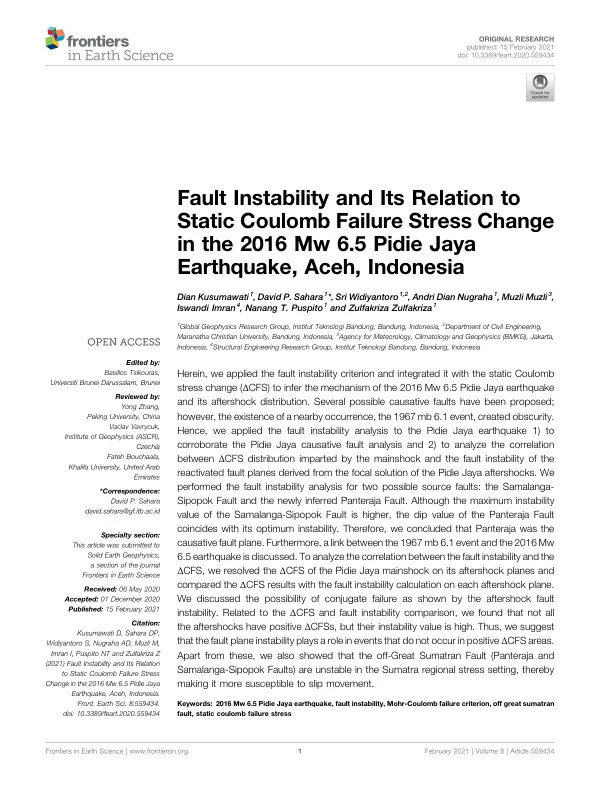 Fault Instability and Its Relation to Static Coulomb Failure Stress Change in the 2016 Mw 6.5 Pidie Jaya Earthquake, Aceh, Indonesia