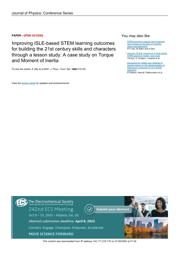 Improving ISLE-based STEM learning outcomes for building the 21st century skills and characters through a lesson study: A case study on Torque and Moment of Inertia
