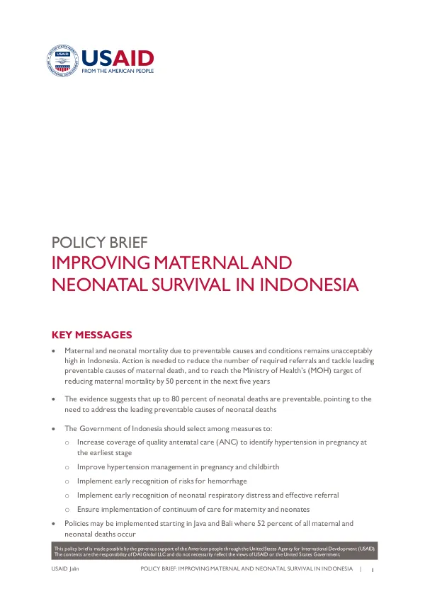Policy Brief: Improving Maternal and Neonatal Survival in Indonesia