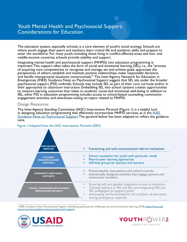 Youth Mental Health and Psychosocial Support: Considerations for Education