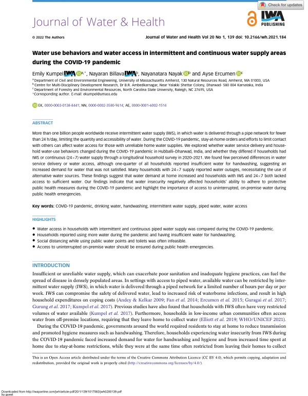 Water use behaviors and water access in intermittent and continuous water supply areas during the COVID-19 pandemic
