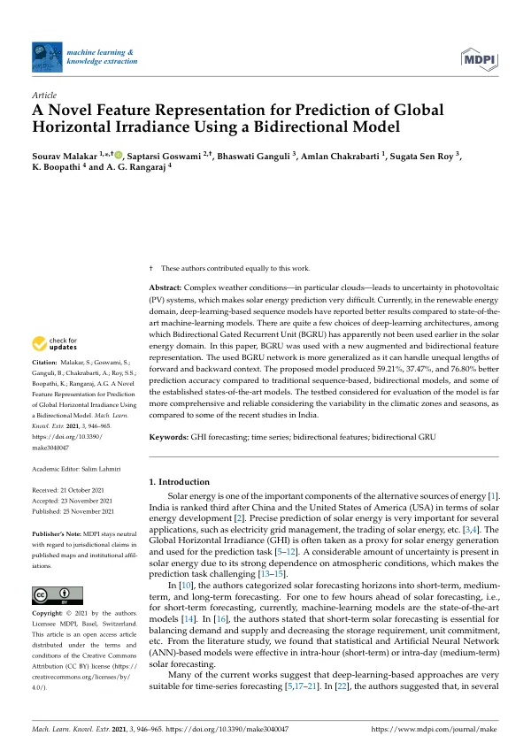 A Novel Feature Representation for Prediction of Global Horizontal Irradiance Using a Bidirectional Model