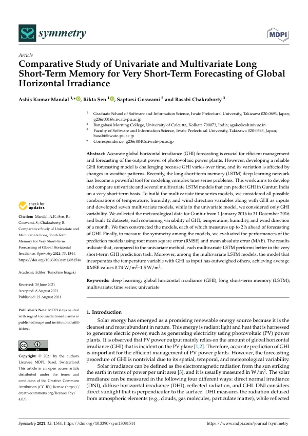 Comparative Study of Univariate and Multivariate Long Short-Term Memory for Very Short-Term Forecasting of Global Horizontal Irradiance