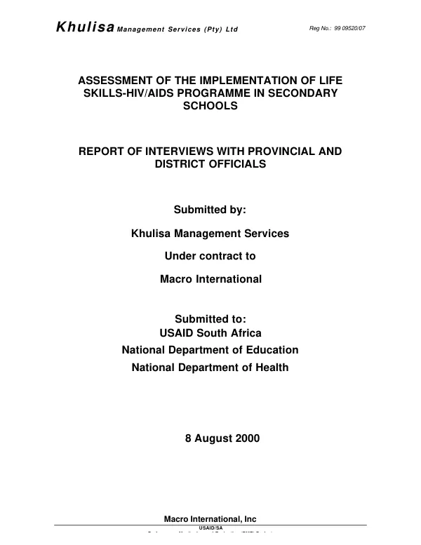 Assessment of the implementation of life skills-HIV/AIDS programme in secondary schools : report of interviews with provincial and district officials