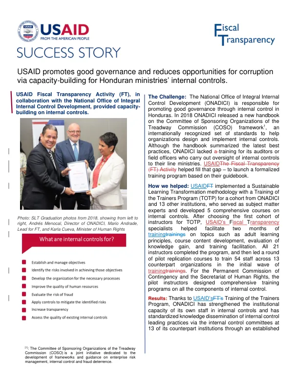 USAID Fiscal Transparency Activity (FT) Helps Honduras Strengthen Internal Controls