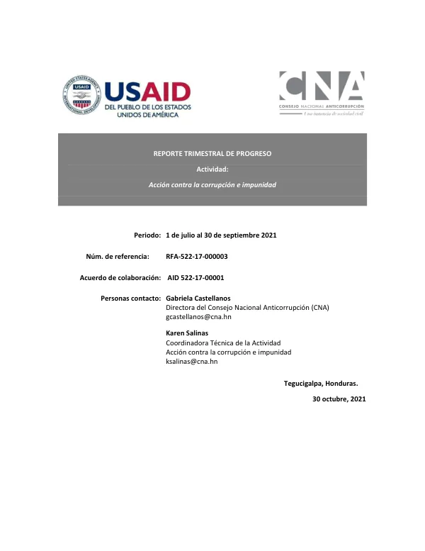 ReporTE Trimestral De Progreso: Acción Contra La Corrupción E Impunidad