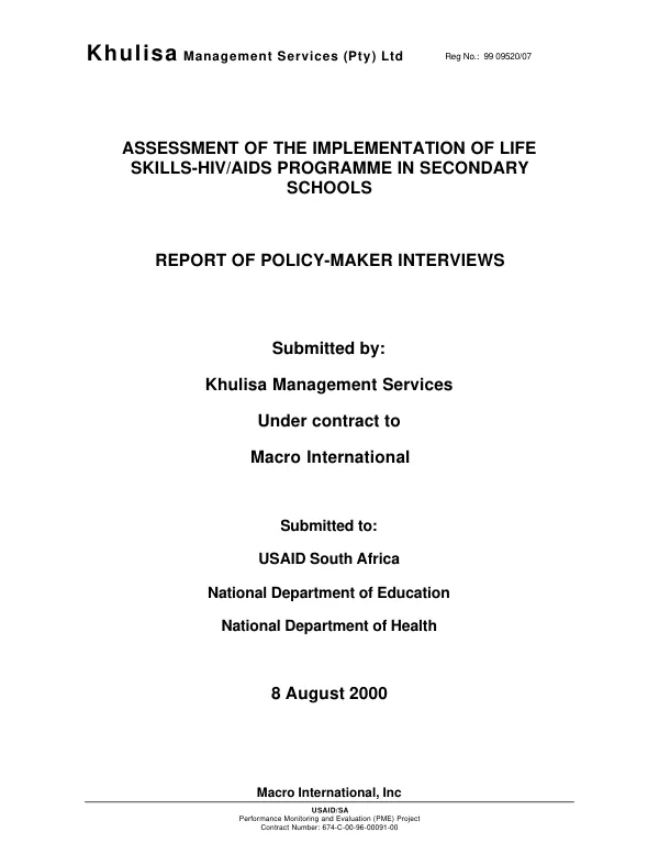 Assessment of the implementation of life skills-HIV/AIDS programme in secondary schools : report of policy-maker interviews