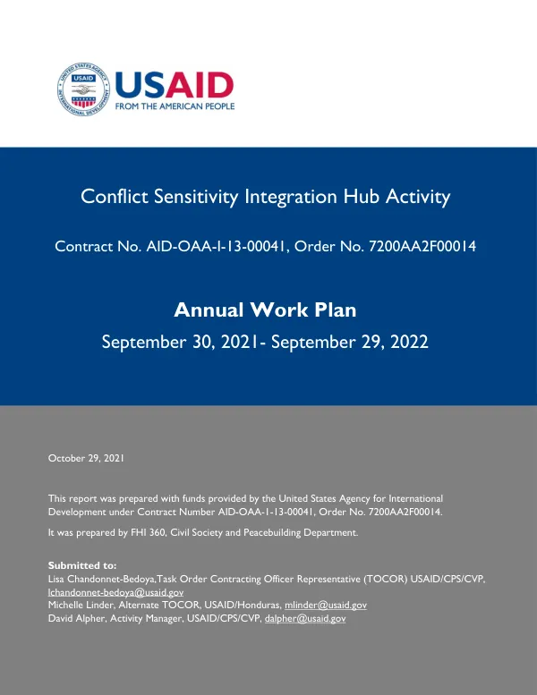 Conflict Sensitivity Integration Hub Activity, Annual Work Plan (Sept. 30, 2021-Sept. 29, 2022)