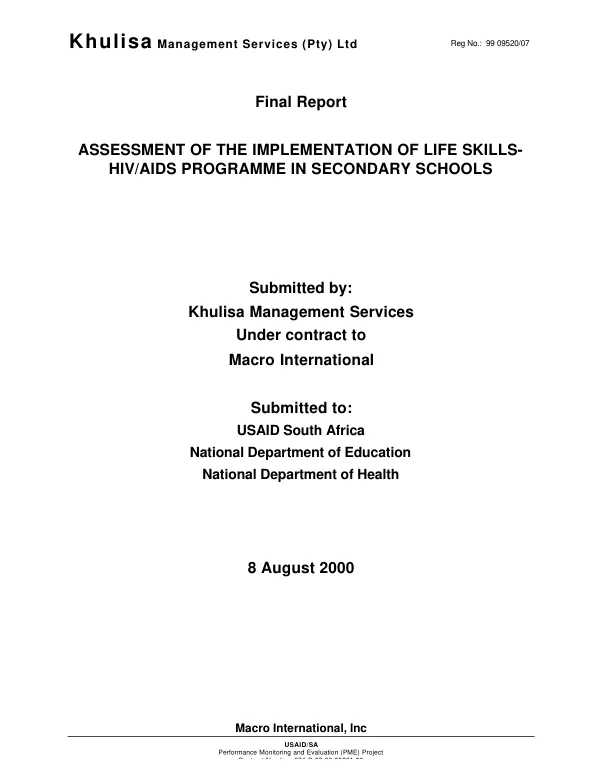 Final report : assessment of the implementation of life skills-HIV/AIDS programme in secondary schools