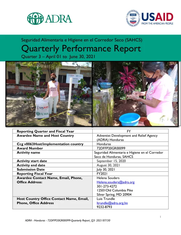 Quarterly Performance Report: Seguridad Alimentaria e Higiene en el Corredor Seco (SAHCS)
