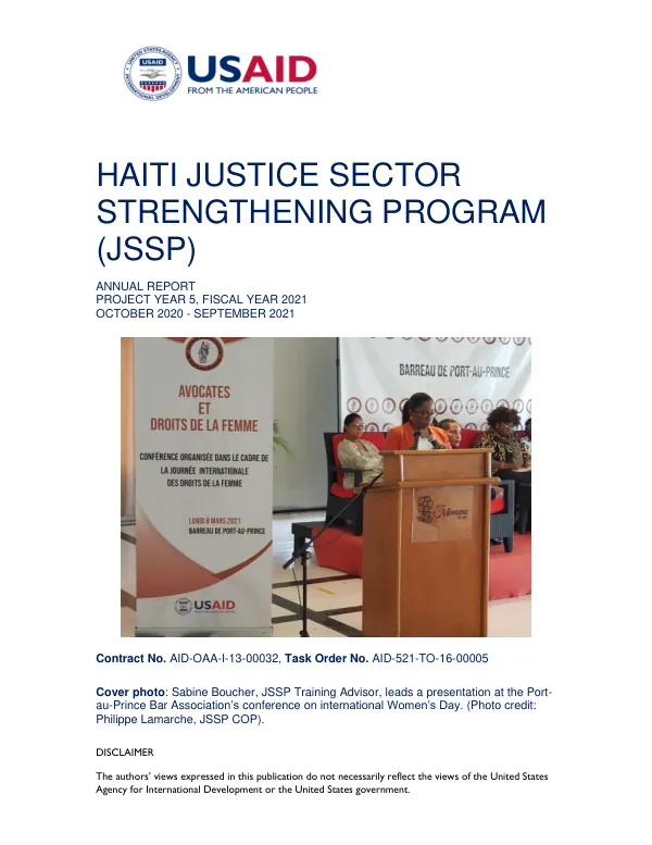 Haiti Justice Sector Strengthening Program (JSSP) Annual Report, Project Year 5