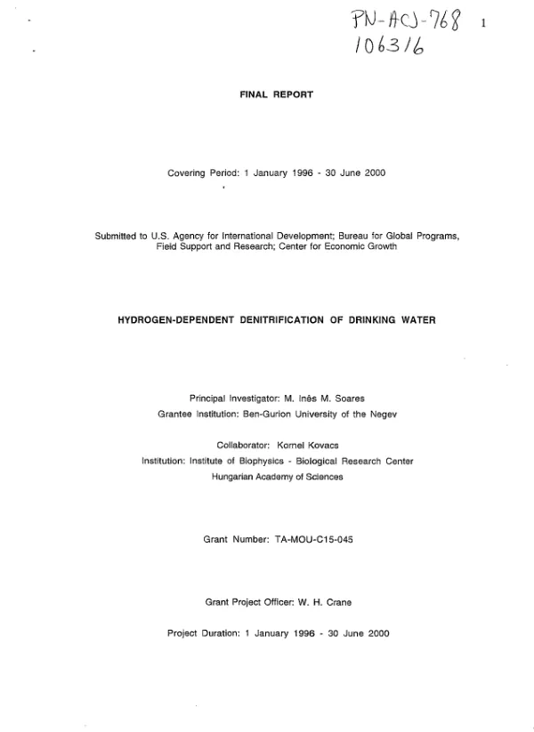Final report covering period 1 January 1996-30 June 2000 : hydrogen-dependent denitrification of drinking water