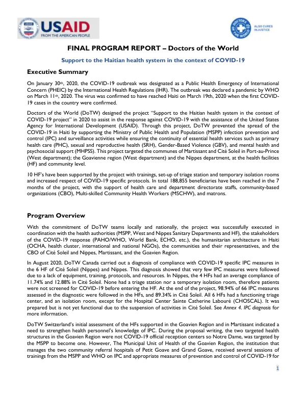 FINAL PROGRAM REPORT – Doctors of the World Support to the Haitian health system in the context of COVID-19