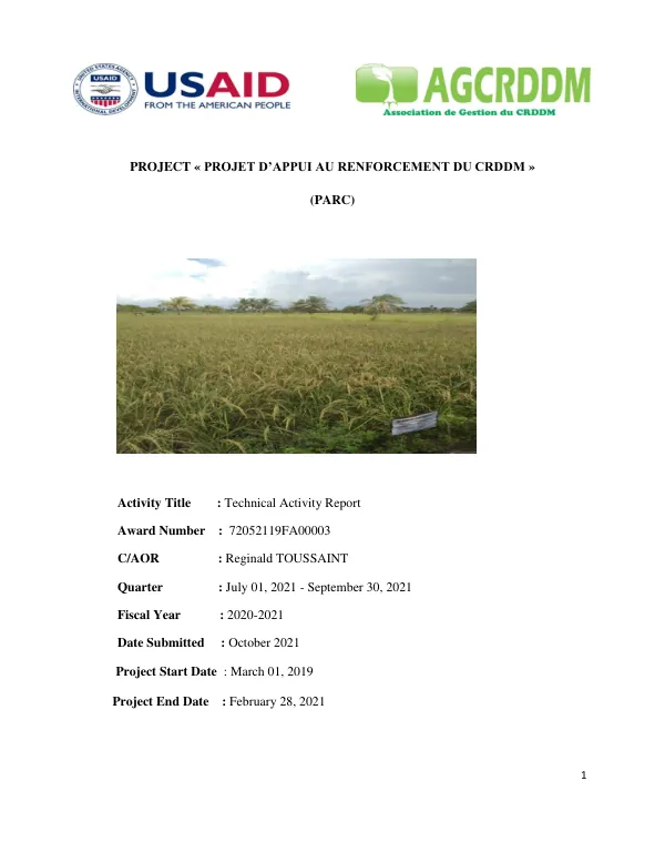 Technical Activity Report: Projet d’Appui au Renforcement du CRDDM