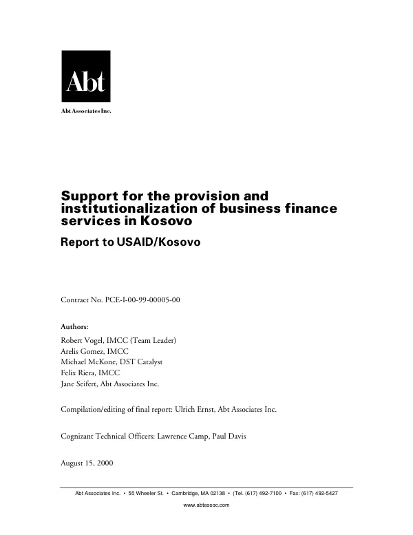 Support for the provision and institutionalization of business finance services in Kosovo