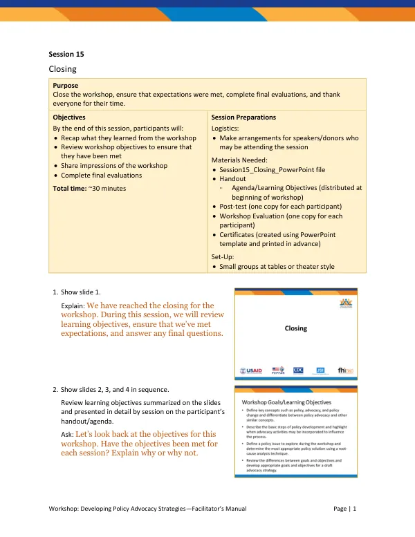 Workshop: Developing Policy Advocacy Strategies—Facilitator’s Manual