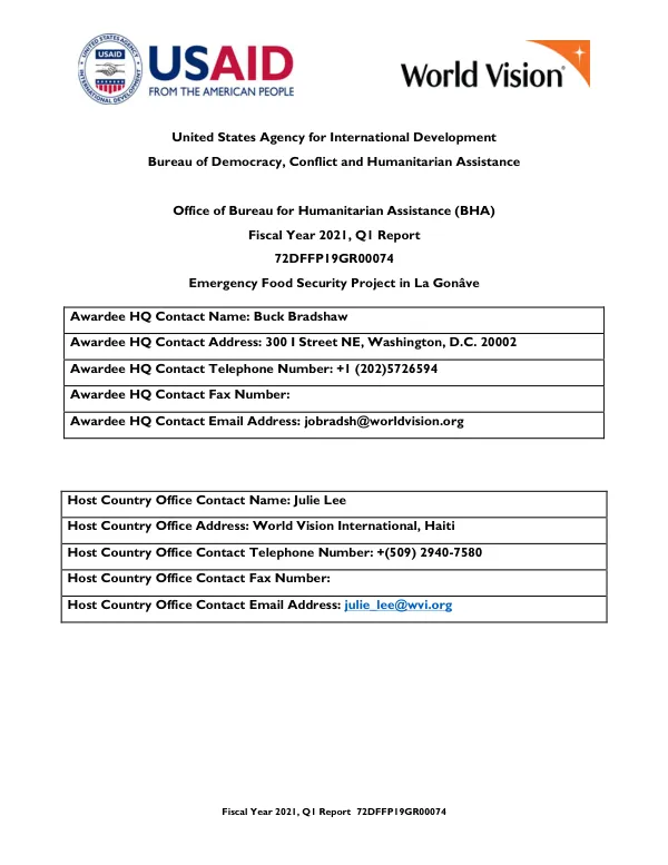 Emergency Food Security Project in La Gonâve Quarterly Performance Report FY21 Q1