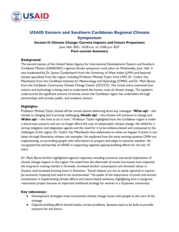 USAID Eastern and Southern Caribbean Regional Climate Symposium Session II Summary