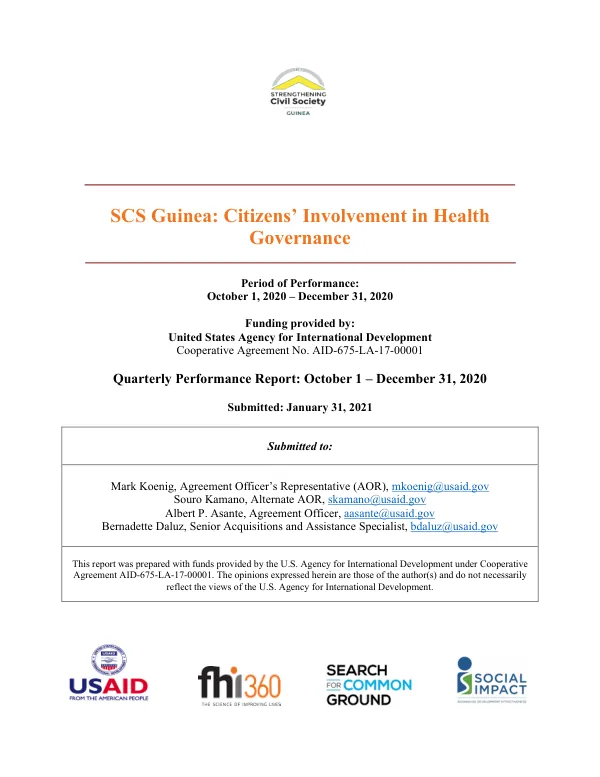 Quarterly Performance Report: Citizens' Involvement in Health Governance Project in Guinea