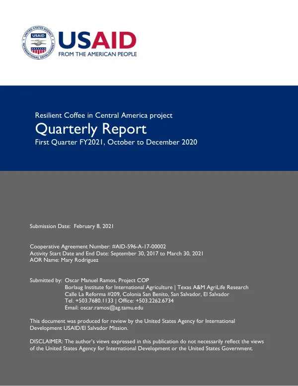 Resilient Coffee in Central America project Quarterly Report First Quarter FY2021, October to December 2020